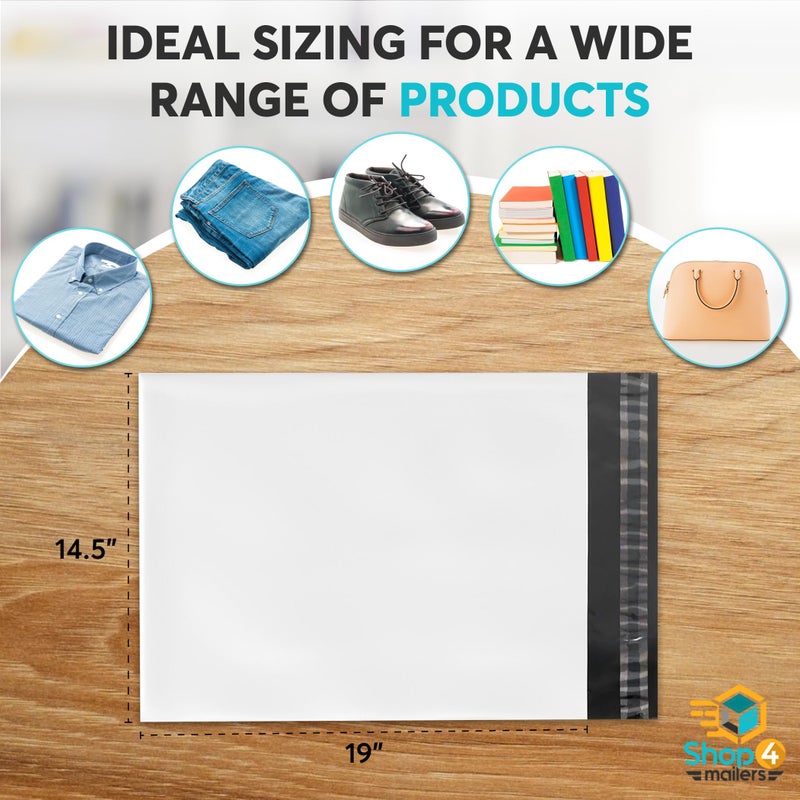 Shop4Mailers Glossy White Plastic Self Seal Poly Mailer Flat Bags Waterproof Shipping Envelope 2.1 Mil for Apparel, Clothes, Shirts, Books â€“ Permanent Adhesive Seal 200 Pack (14.5x19) - Image 3